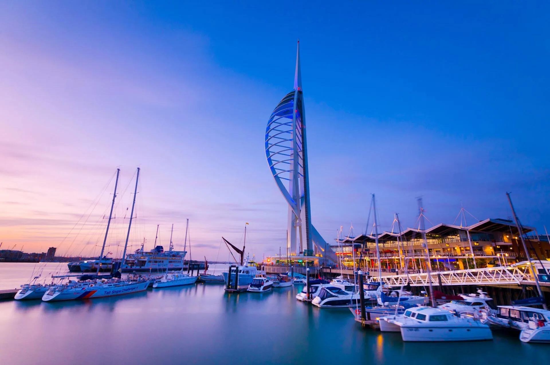 Portsmouth Spinnaker Tower and harbour at dusk