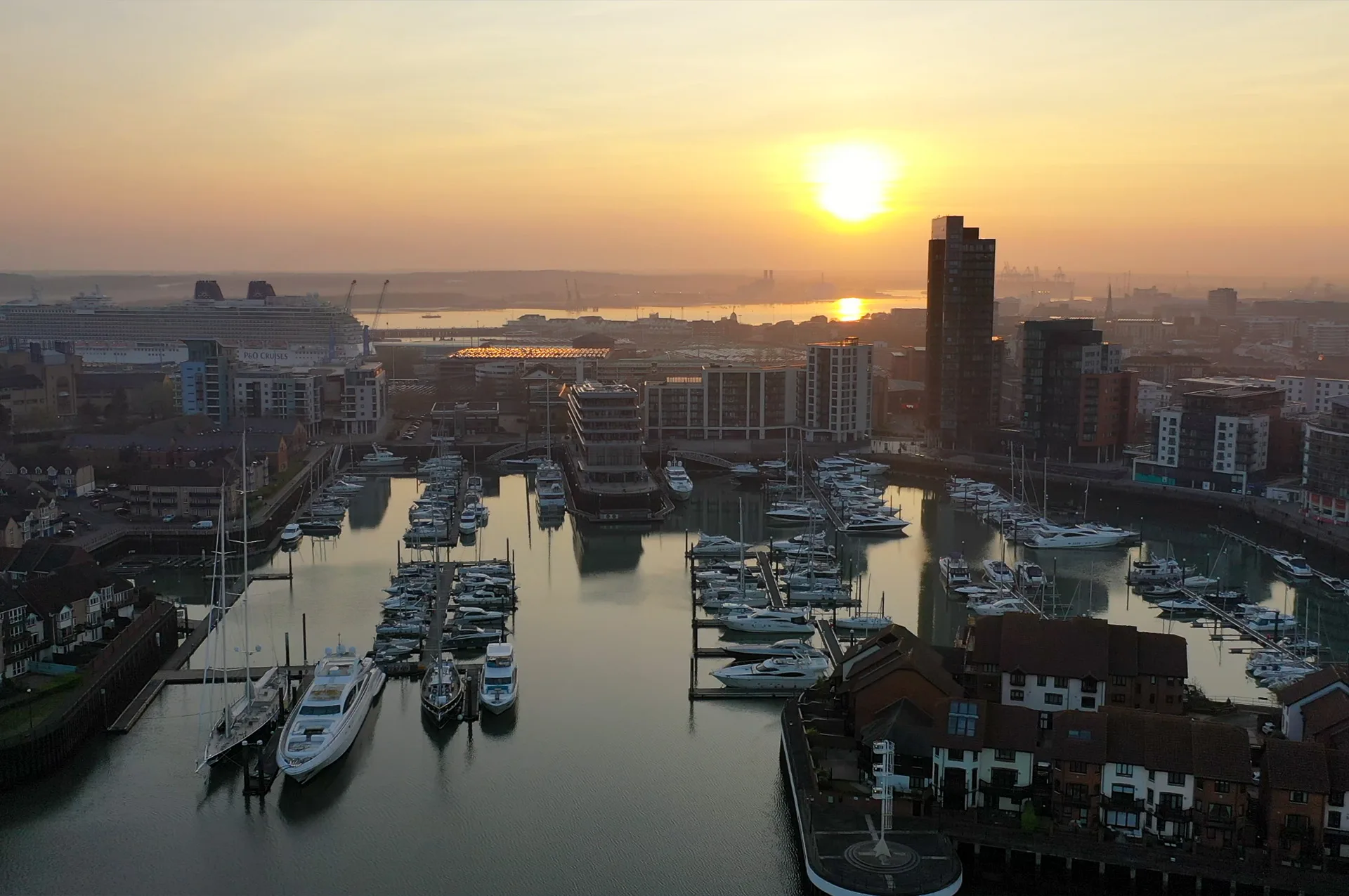 Aerial view of Southampton marina at sunrise