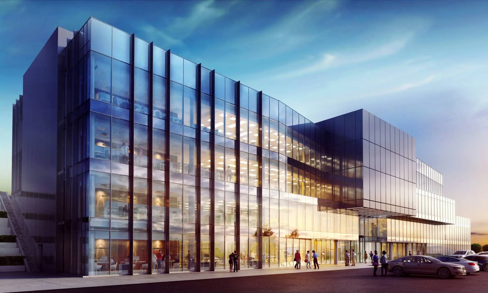 Computer-generated view of a modern glass office building at dusk