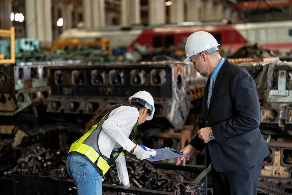 A worker in a hard hat and high-visibility vest and a man in a suit and hard hat inspecting machinery