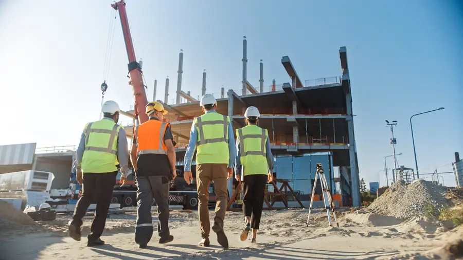Construction workers in high-visibility vests and hard hats walking across a building site